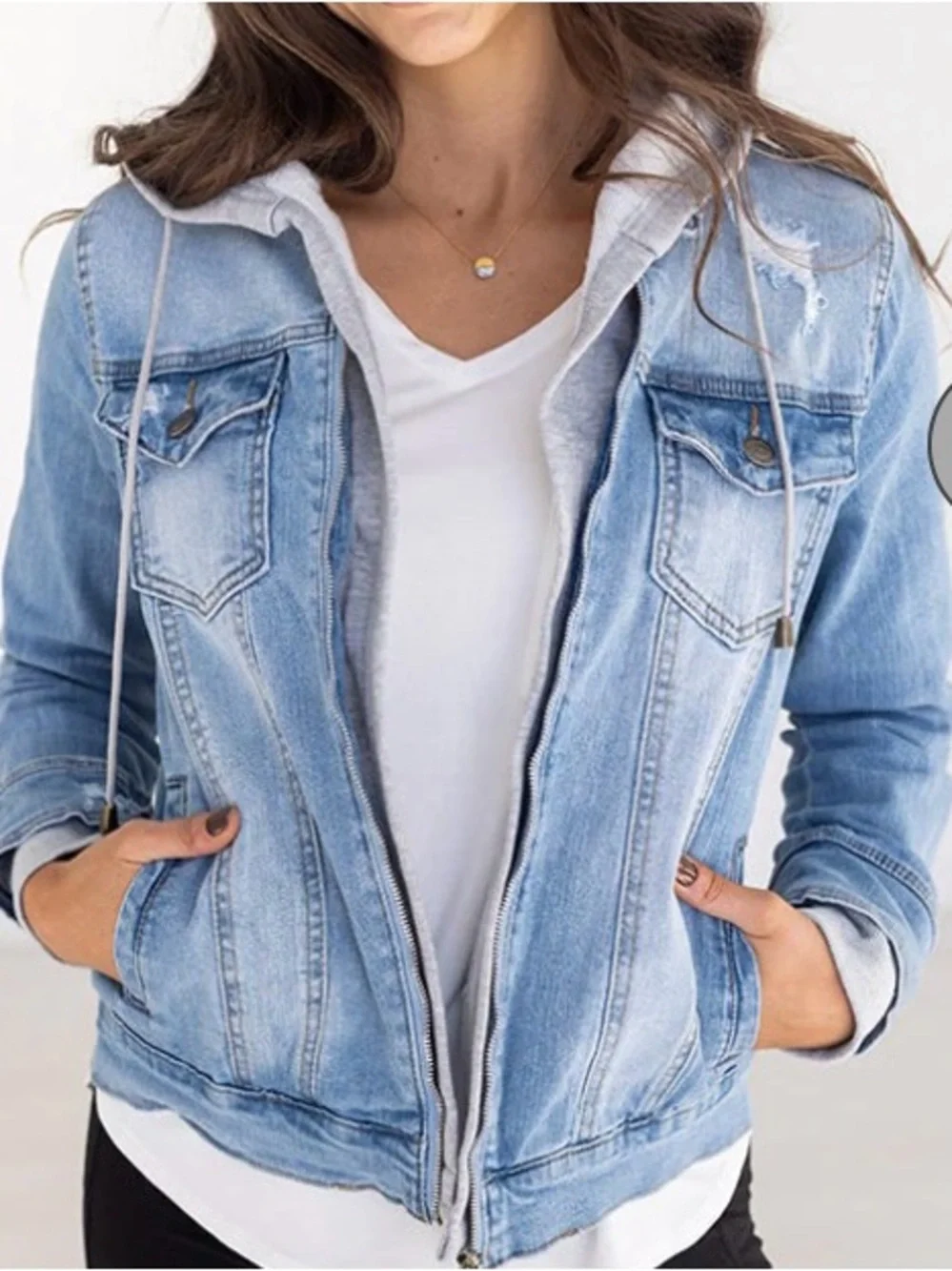 Grace & Lace Distressed denim jacket with removable hood